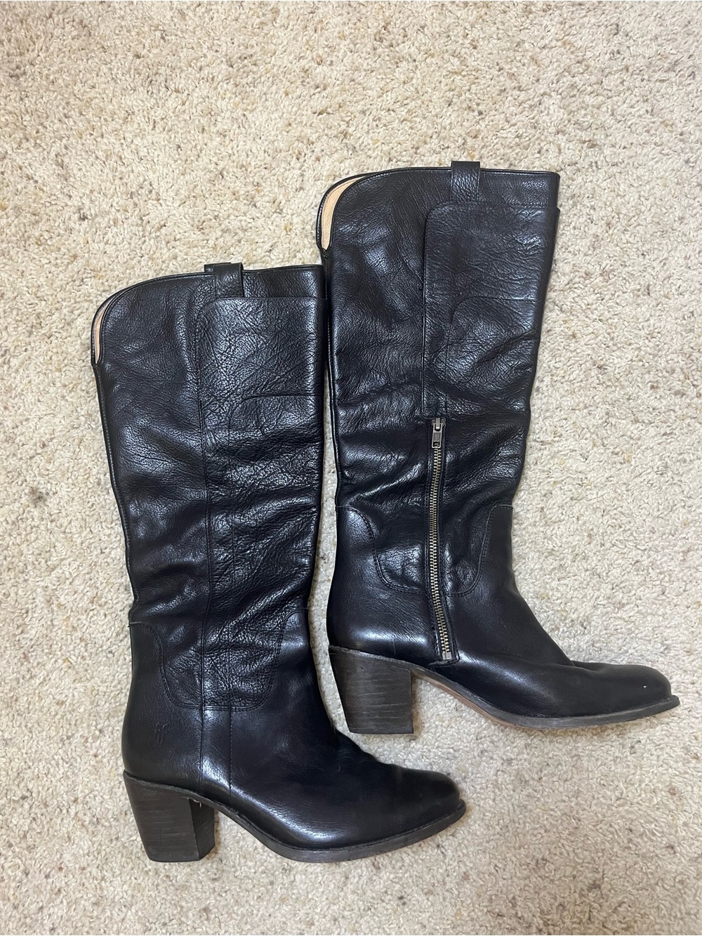 Frye Black Leather Knee-High Heeled Boots